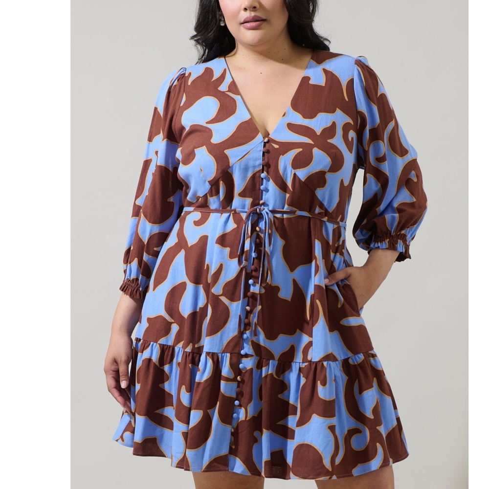 Sugarlips Briley Abstract Roana Mini Dress Curve | 2X | Brown Blue | NWOT